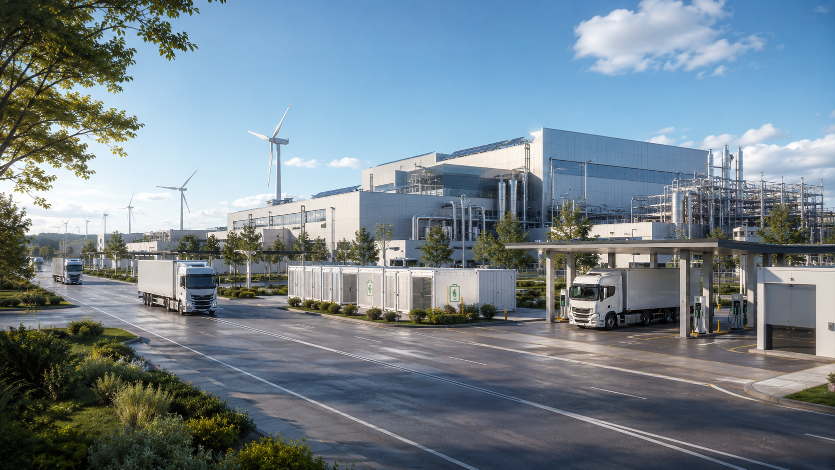 Ladepark für Schwerlastverkehr mit Batteriespeichern, Elektrolyse und Windenergie
